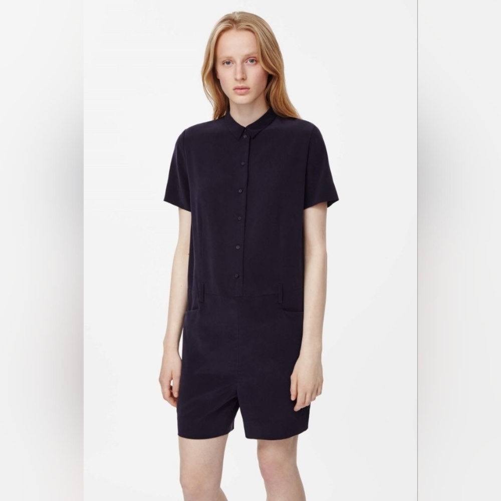 COS 100% Silk Short Sleeve Button-Down Romper Jumpsuit